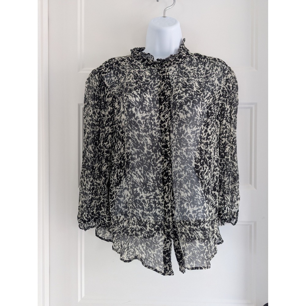 Ba&sh Elia Chemise Blouse Black cream Abstract Print Ruffle Neck Medium